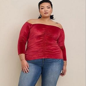 NWT Torrid Sz 3 Rhubarb Velvet Shirred Front Off the Shoulder Top